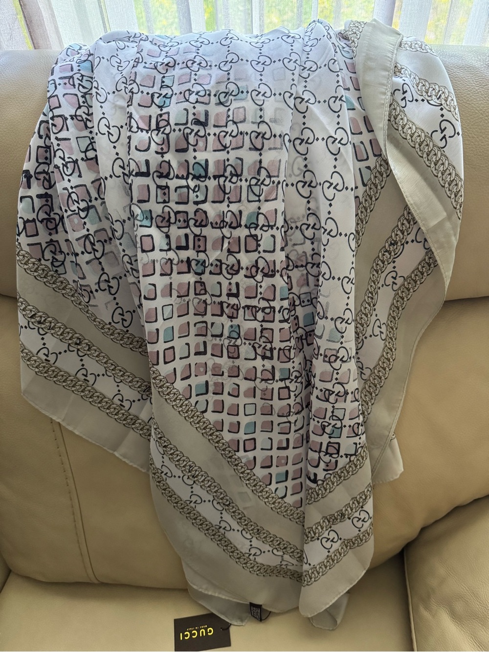 GG Pale Gray and Pink Silk Scarf